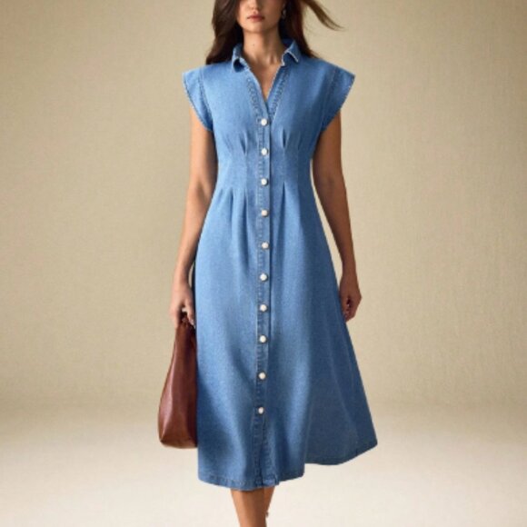 Dresses & Skirts - New 2026 Front Button Denim Midi fit and Flare Dress Large